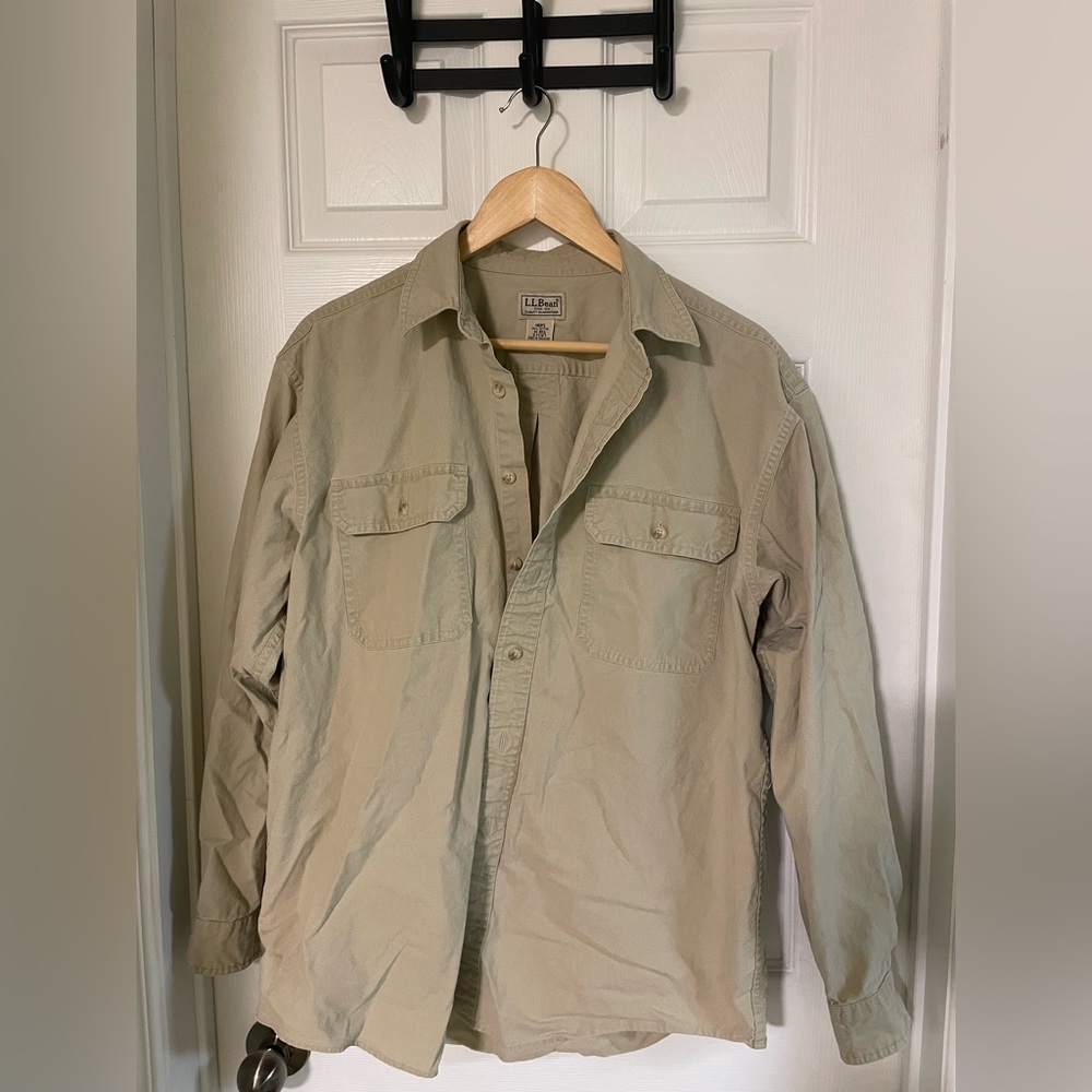Men's Tan Button-Up Shirt LL Bean size medium